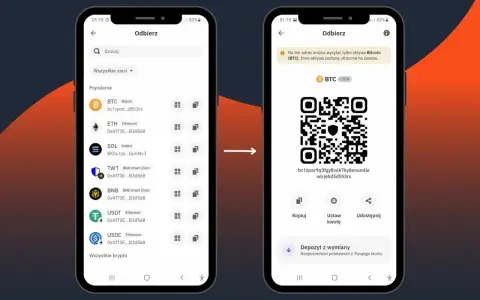 Jak założyć portfel krypto? Wybierz kryptowalutę (np. Bitcoin), a następnie skopiuj adres odbioru lub zeskanuj kod QR, aby otrzymać środki.