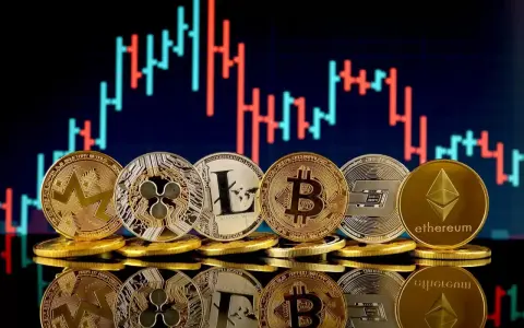 Monety kryptowalut (Bitcoin, Ethereum, Litecoin, Ripple, Dash, Monero) na tle wykresu giełdowego. Polska giełda kryptowalut w pigułce.