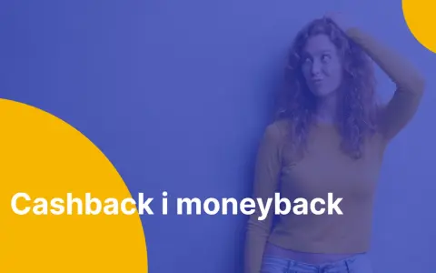 Kobieta zastanawia się nad korzyściami z programu myworld cashback. Napis "Cashback i moneyback" na żółtym tle.