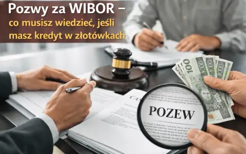 Pozwy za WIBOR – co musisz wiedzieć, jeśli masz kredyt w złotówkach. Dłoń z pieniędzmi i lupa na słowo "POZEW".