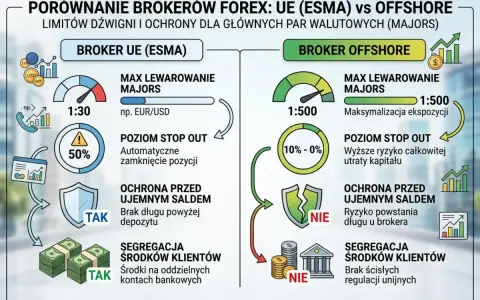 Porównanie brokera UE (ESMA) i brokera offshore. Broker offshore oferuje wyższą dźwignię, ale większe ryzyko.