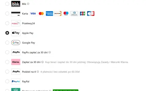 Dostawa za pobraniem, czyli płatność przy odbiorze, jest dostępna. Inne opcje to Blik, karty, Przelewy24, Apple Pay, Google Pay, PayPo i PayPal.