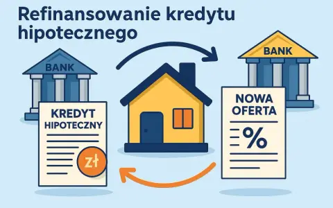 Ilustracja pokazuje proces refinansowania kredytu hipotecznego. Dom symbolizuje właściciela, który przenosi swój obecny kredyt hipoteczny do banku z nową, korzystniejszą ofertą.