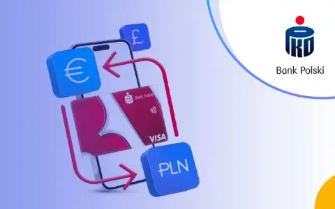 Jak wpłacić euro na konto walutowe PKO? Grafika pokazuje telefon, kartę PKO Visa, symbole euro, funta i PLN, sugerując łatwe transakcje walutowe.