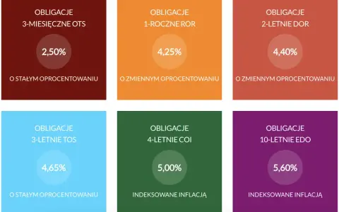 Sześć rodzajów obligacji: 3-miesięczne OTS (2,50%), 1-roczne ROR (4,25%), 2-letnie DOR (4,40%), 3-letnie TOS (4,65%), 4-letnie COI (5,00%) i 10-letnie EDO (5,60%). Rachunek rejestrowy.