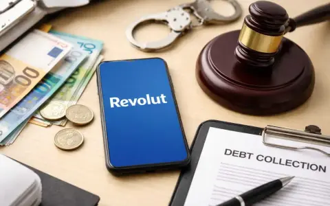 Telefon z logo Revolut, banknoty, monety, kajdanki i dokument "Debt Collection" sugerują problemy z długami i interwencję komornika.