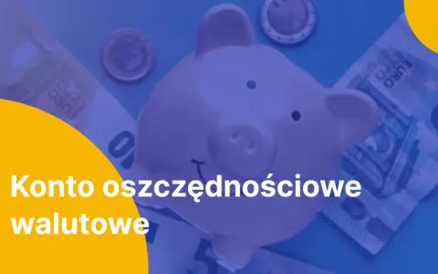 Różowa świnka-skarbonka otoczona banknotami euro i monetami. Napis: "Konto oszczędnościowe walutowe".