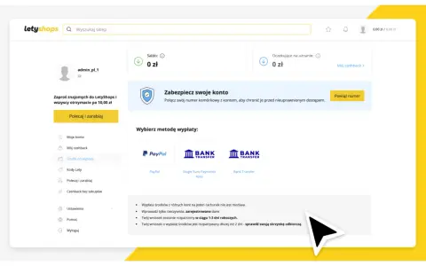 Jak wypłacić pieniądze z LetyShops? Wybierz metodę wypłaty: PayPal, Single Euro Payments Area lub Bank Transfer.