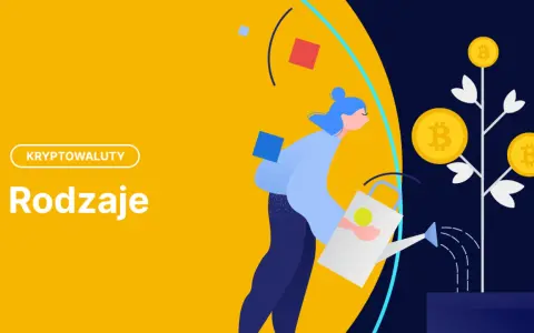 Ilustracja przedstawia kobietę podlewającą drzewko z monetami bitcoin. Tekst "Kryptowaluty" i "Rodzaje" sugeruje, że chodzi o różne rodzaje kryptowalut.