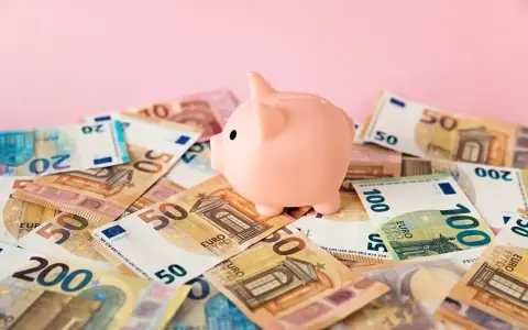 Różowa świnka-skarbonka na stosie banknotów euro. Zastanawiasz się nad oprocentowaniem konta walutowego?