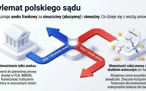 Dylemat kredytów frankowych: sąd unieważnia aneks, co dalej z umową? Dwie opcje: utrzymanie lub upadek umowy.