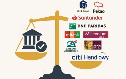 Waga symbolizująca wybór najlepszych kont bankowych, z logotypami banków po prawej stronie.