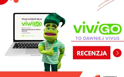 Zielona postać z pluszowym wizerunkiem zachęca do skorzystania z pożyczki vivigo. Na ekranie laptopa informacja o pierwszej pożyczce do 4000 zł RRSO 0%.