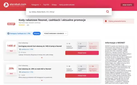 Kody rabatowe Neonet, cashback do 1.75%. Czy alerabat jest bezpieczny? Tak, oferuje promocje na elektronikę i AGD.