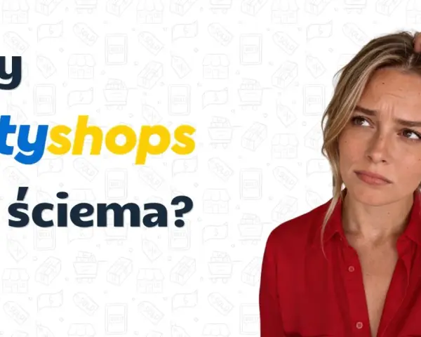 Kobieta zamyślona, drapiąca się po głowie, nad napisem "Czy letyshops to ściema?". Tło pełne ikon zakupowych.