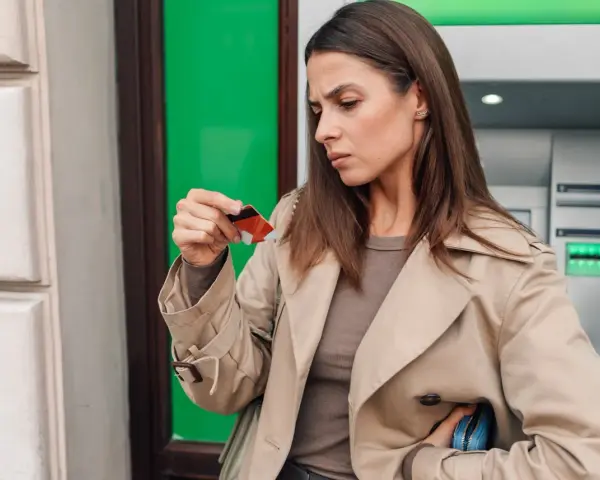 Zamyślona kobieta trzyma kartę, zastanawiając się nad kontami zagranicznymi dla Polaków. Obok bankomat.