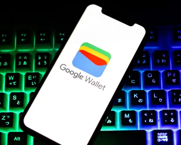 Smartfon z logo Google Wallet na tle podświetlanej klawiatury. Czy portfel Google jest bezpieczny? Odpowiedź znajdziesz w cyfrowym świecie.