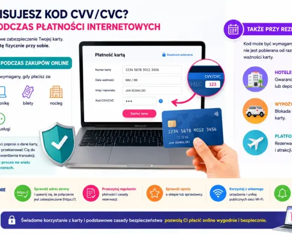Podawanie numeru karty i CVV jest bezpieczne, gdy strona ma https. Kod CVV/CVC potwierdza, że masz kartę fizycznie przy sobie.