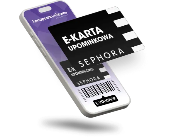 E-karta podarunkowa Sephora na telefonie. Idealny pomysł na prezent, który można wykorzystać na zakupy w drogerii.