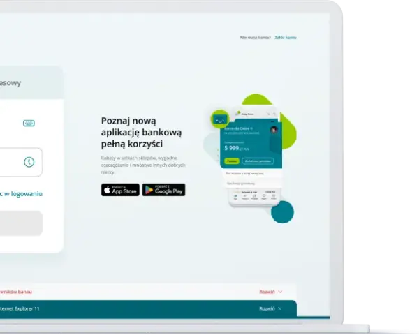 Ekran logowania do bankowości internetowej Crédit Agricole. Aplikacja mobilna oferuje korzyści, rabaty i oszczędności. Dostępna na App Store i Google Play.