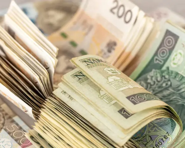 Stosy polskich banknotów, 100, 200 i 500 złotych, pokazują, że cash is back.