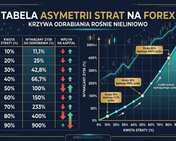 Tabela asymetrii strat na forex. Pokazuje, jak rośnie wymagany zysk do odrobienia strat, ilustrując nieliniowy charakter krzywej odrabiania.