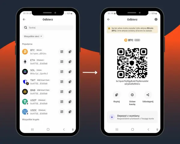 Jak założyć portfel krypto? Wybierz kryptowalutę (np. Bitcoin), a następnie skopiuj adres odbioru lub zeskanuj kod QR, aby otrzymać środki.