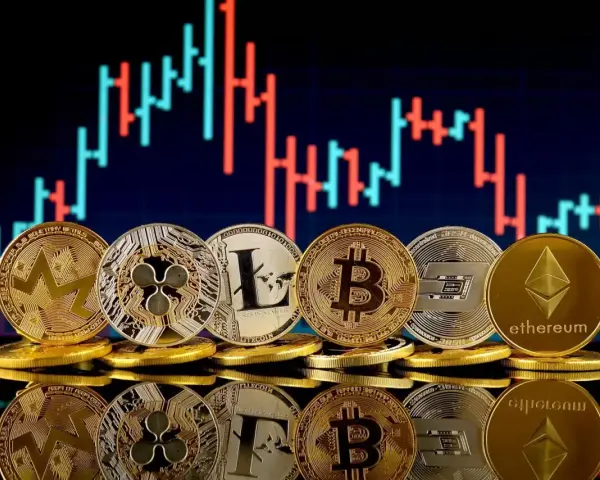Monety kryptowalut (Bitcoin, Ethereum, Litecoin, Ripple, Dash, Monero) na tle wykresu giełdowego. Polska giełda kryptowalut w pigułce.