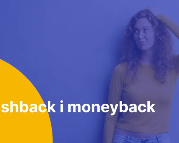 Kobieta zastanawia się nad korzyściami z programu myworld cashback. Napis "Cashback i moneyback" na żółtym tle.