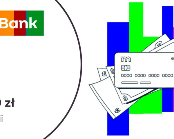 Zgarnij 360 zł premii w programie poleceń mBank. Karta i pieniądze na kolorowym tle.
