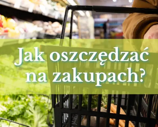 Ręka trzymająca koszyk na zakupy, na którym widnieje napis "Jak oszczędzać na zakupach?".