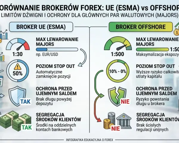 Porównanie brokera UE (ESMA) i brokera offshore. Broker offshore oferuje wyższą dźwignię, ale większe ryzyko.