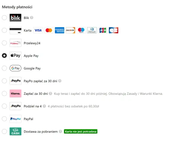 Dostawa za pobraniem, czyli płatność przy odbiorze, jest dostępna. Inne opcje to Blik, karty, Przelewy24, Apple Pay, Google Pay, PayPo i PayPal.