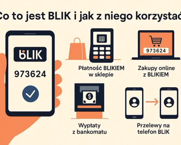 Grafika ilustruje, jak używać BLIKA: płatności w sklepie, zakupy online, wypłaty z bankomatu i przelewy na telefon. BLIK zbliżeniowy to szybka opcja.