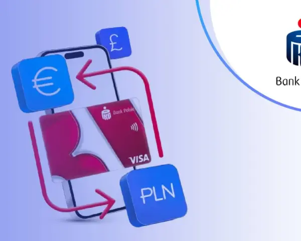 Jak wpłacić euro na konto walutowe PKO? Grafika pokazuje telefon, kartę PKO Visa, symbole euro, funta i PLN, sugerując łatwe transakcje walutowe.