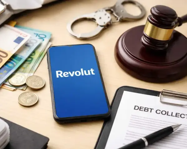 Telefon z logo Revolut, banknoty, monety, kajdanki i dokument "Debt Collection" sugerują problemy z długami i interwencję komornika.