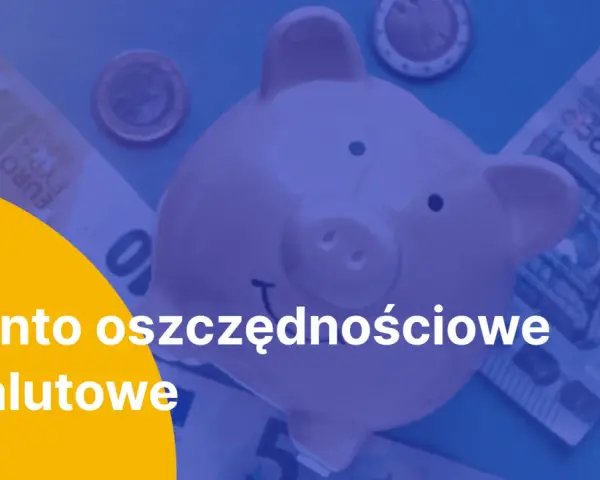 Różowa świnka-skarbonka otoczona banknotami euro i monetami. Napis: "Konto oszczędnościowe walutowe".