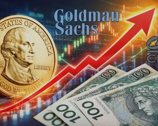 Złoty vs dolar: czy warto kupować dolary? Goldman Sachs analizuje rynek. W tle wykresy giełdowe i moneta z USA.
