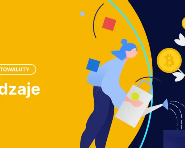 Ilustracja przedstawia kobietę podlewającą drzewko z monetami bitcoin. Tekst "Kryptowaluty" i "Rodzaje" sugeruje, że chodzi o różne rodzaje kryptowalut.