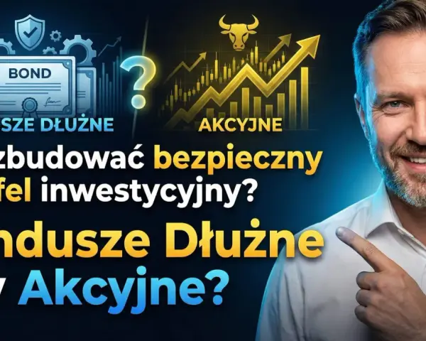 Mężczyzna wskazuje na grafikę porównującą fundusze dłużne i akcyjne. Czy warto inwestować w obligacje?