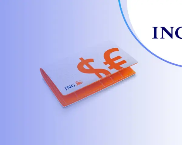 Portfel z symbolami dolara i euro, logo ING. Sprawdź opłaty za konto walutowe.