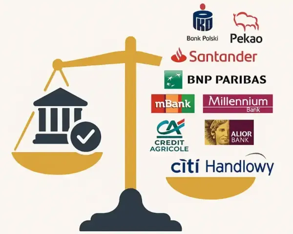 Waga symbolizująca wybór najlepszych kont bankowych, z logotypami banków po prawej stronie.