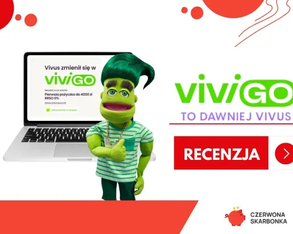Zielona postać z pluszowym wizerunkiem zachęca do skorzystania z pożyczki vivigo. Na ekranie laptopa informacja o pierwszej pożyczce do 4000 zł RRSO 0%.