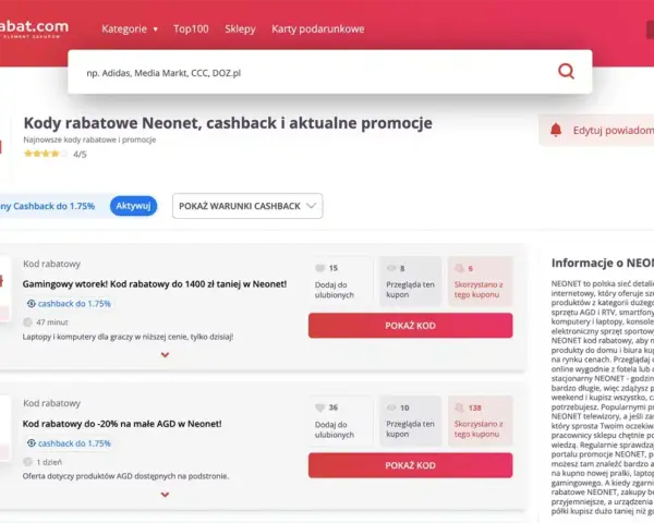 Kody rabatowe Neonet, cashback do 1.75%. Czy alerabat jest bezpieczny? Tak, oferuje promocje na elektronikę i AGD.