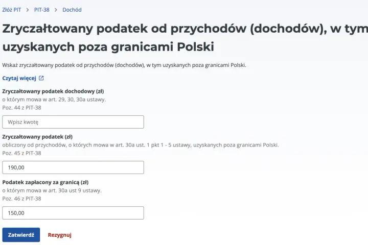 Formularz PIT-38: zryczałtowany podatek dochodowy (190 zł) i podatek zapłacony za granicą (150 zł) od dywidendy zagranicznej. Wzór wypełniania.