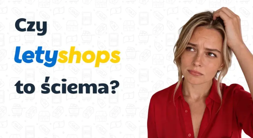Kobieta zamyślona, drapiąca się po głowie, nad napisem "Czy letyshops to ściema?". Tło pełne ikon zakupowych.