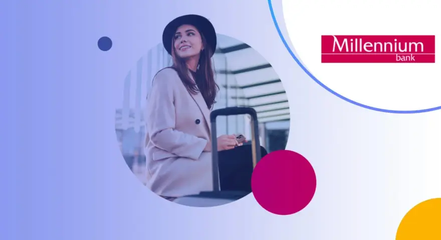 Kobieta z walizką, gotowa na podróż, korzysta z karty visa global. Logo Millennium bank.