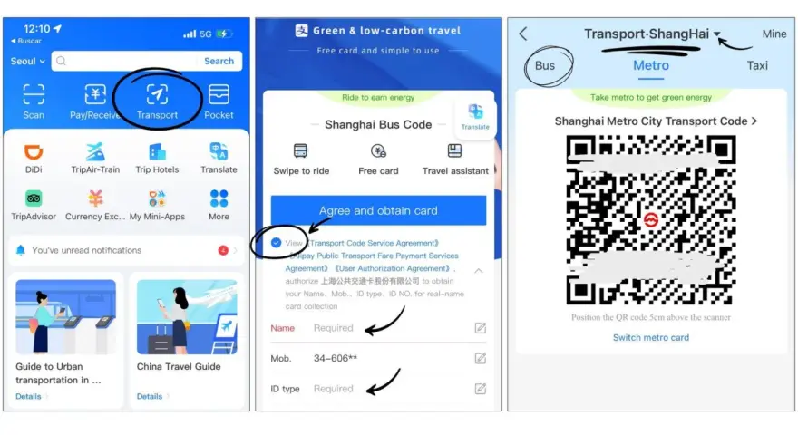 Aplikacja Alipay pokazuje, jak uzyskać kod transportowy do metra w Szanghaju.