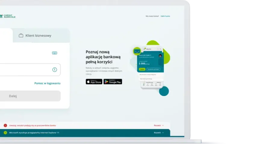 Ekran logowania do bankowości internetowej Crédit Agricole. Aplikacja mobilna oferuje korzyści, rabaty i oszczędności. Dostępna na App Store i Google Play.