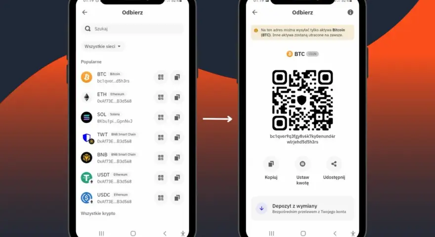 Jak założyć portfel krypto? Wybierz kryptowalutę (np. Bitcoin), a następnie skopiuj adres odbioru lub zeskanuj kod QR, aby otrzymać środki.